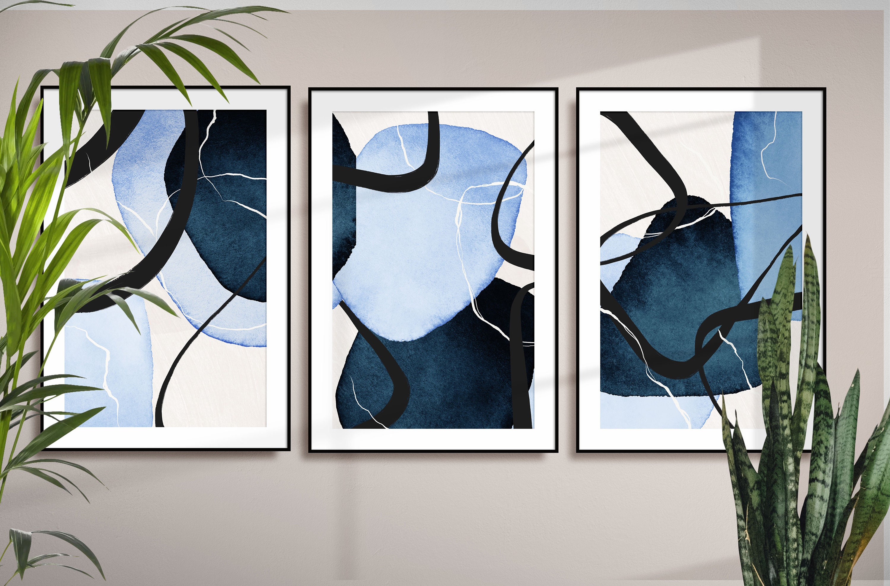 Blue Abstract Wall Art, Navy and Sky Blue Printable Wall Art Set of 3 ...