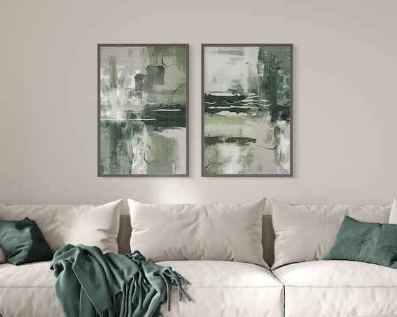 Abstract Print Set of 2, Green Printable Wall Art, Hallway Poster Set, Modern Living Room Wall Decor, Olive n Sage Green Oil on Canvas Print