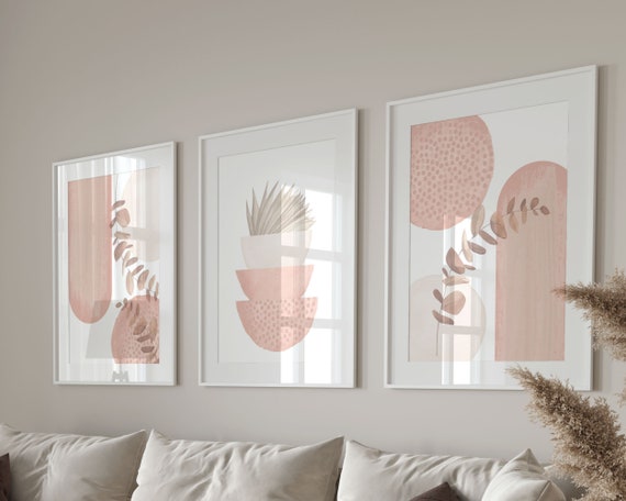Boho Printable Wall Art Modern Nordic Pink Set of 3 Prints Minimalist Living Room Wall Decor Blush Pink Art Shapes Hallway Print Etsy