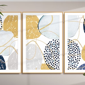 Printable Wall Art, Mustard Blue Gold Abstract Print Set of 3, Modern Geometric Shapes Living Room Wall Decor, Hallway Prints