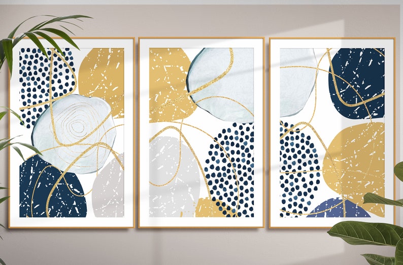 Printable Wall Art, Mustard Blue Gold Abstract Print Set of 3, Modern ...