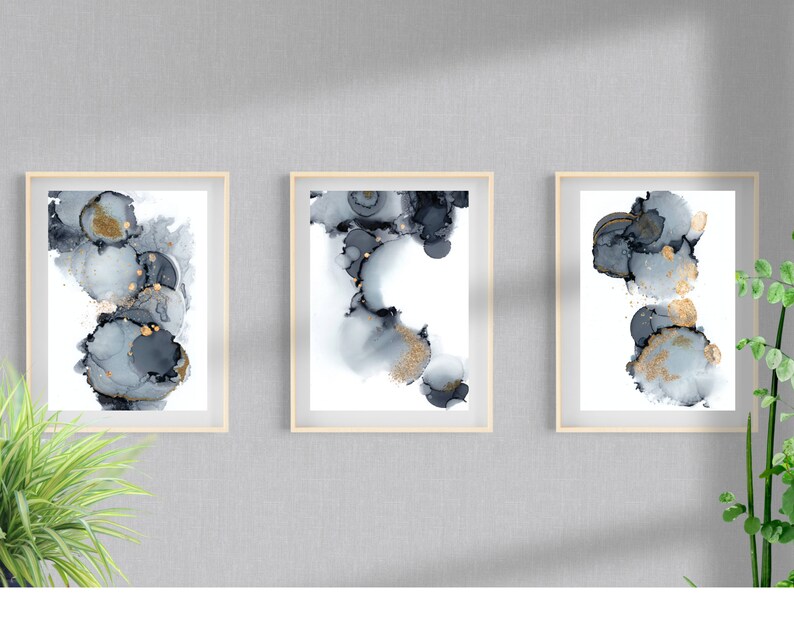 Grey and Gold Abstract Wall Art Set of 3, Modern Minimalist Poster ...