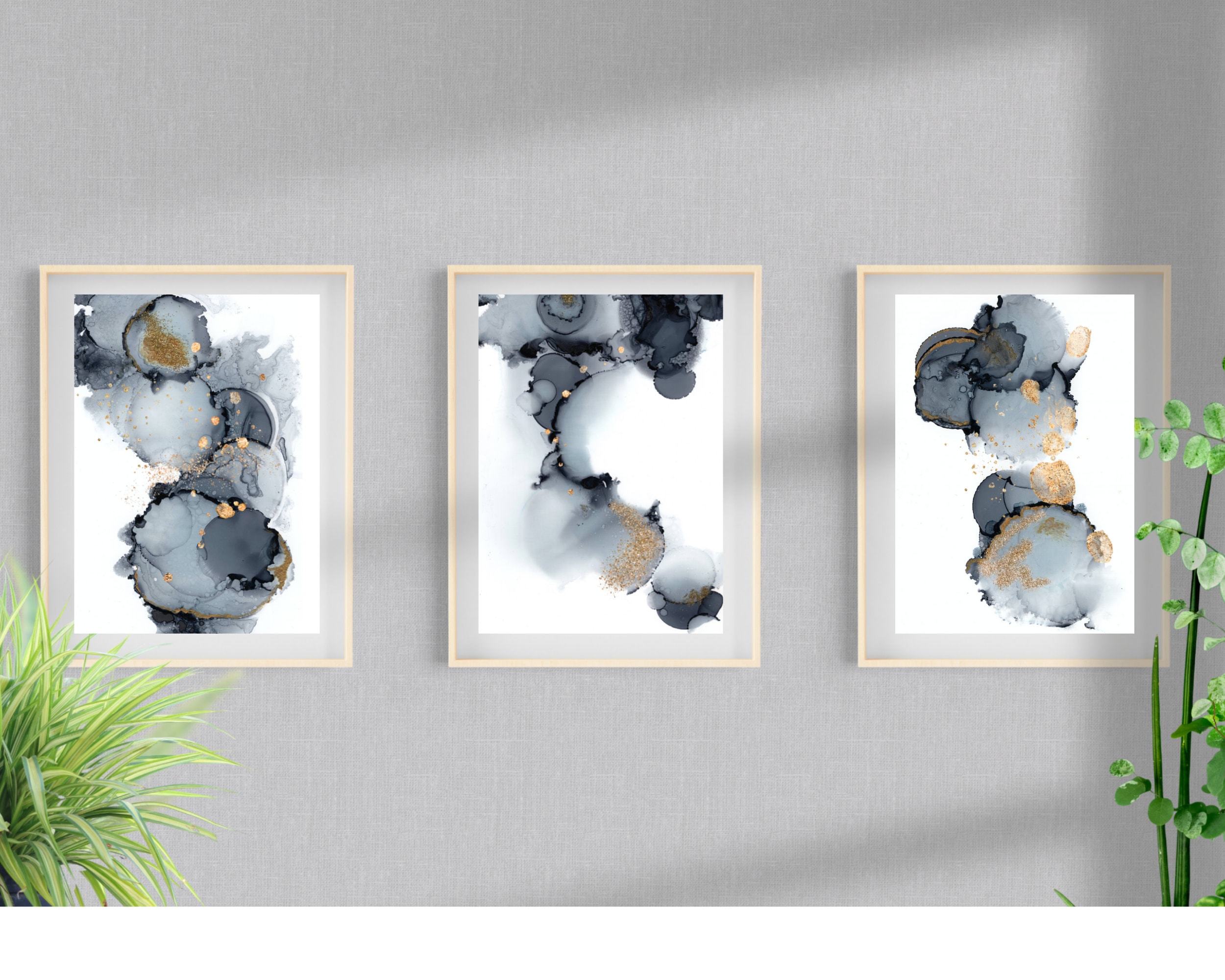 Grey and Gold Abstract Wall Art Set of 3 Modern Minimalist Etsy