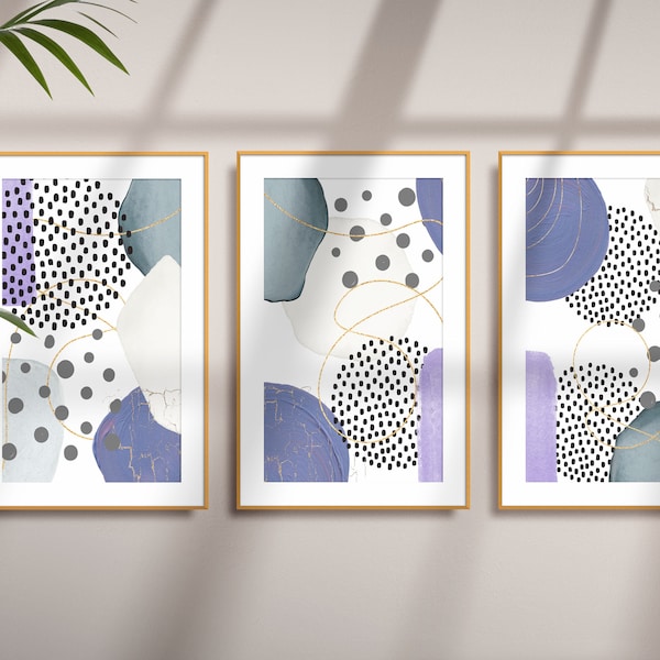 Abstract Wall Art, Purple and Grey Watercolour Shapes Printable Wall Art, Set of 3 Geometric Hallway Prints, Living Room Wall Decor