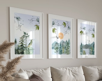 Ensemble de 3 impressions de paysage abstrait, Art mural imprimable abstrait de montagnes aquarelles, décoration murale de salon minimaliste, ensemble d'impression de couloir