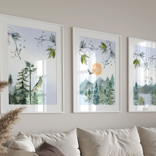 Set van 3 abstracte landschapsafdrukken, aquarel bergen abstracte afdrukbare muurkunst, minimalistische woonkamer muur decor, gang print set