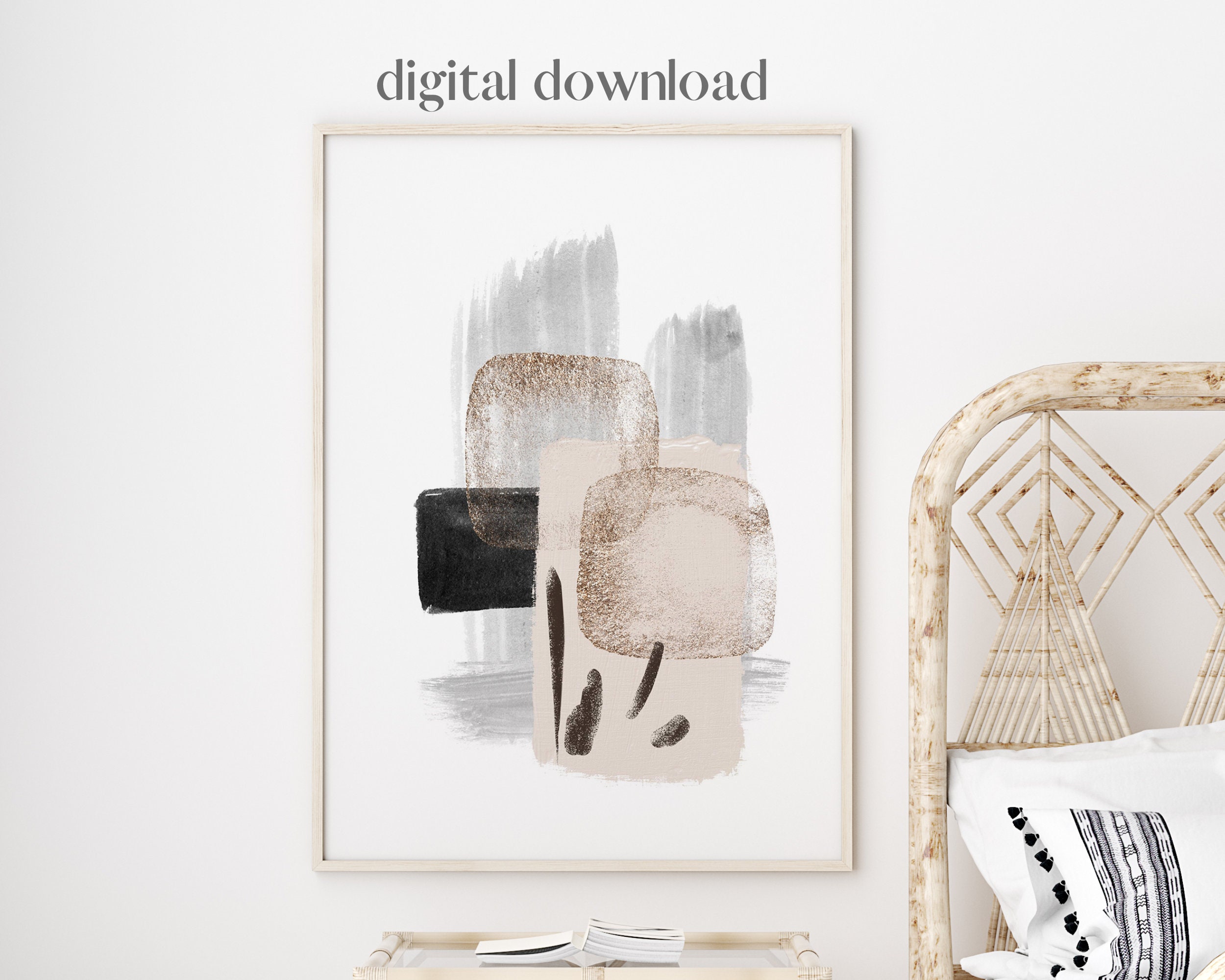 Abstract Art Prints, Black Gold Printable Wall Art, Block Colour Brush ...