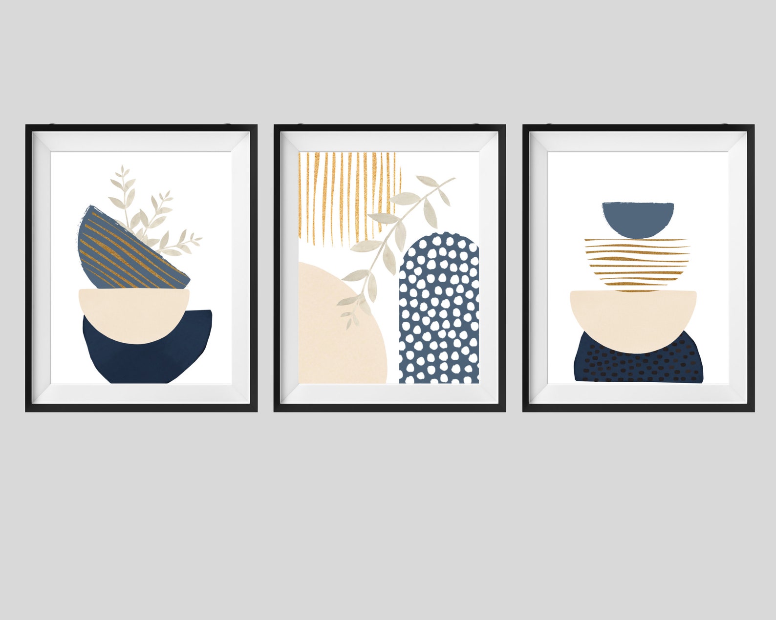 Boho Art Set of 3 Prints Boho Wall Art Navy Blue Beige Etsy UK
