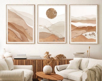 Set of 3 Abstract Landscape Prints, Neutral Beige Printable Wall Art, Minimalist Living Room Wall Decor