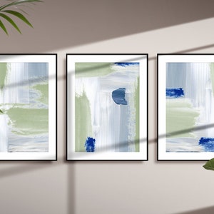 Blue and Green Paint Strokes Abstract Art, Modern Printable Wall Art, Set of 3 Prints, Minimalist Living Room Wall Decor,