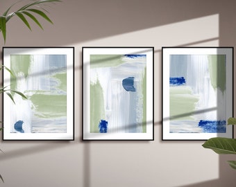 Blauwe en groene verfstreken abstracte kunst, moderne afdrukbare kunst aan de muur, set van 3 prints, minimalistische woonkamer muur decor,