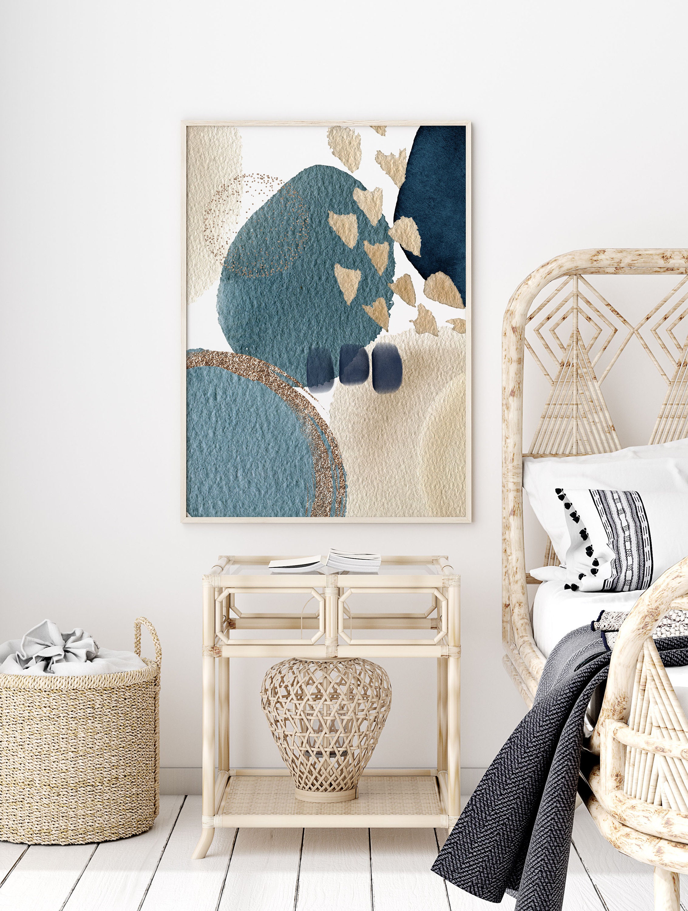 Set of 3 Navy Blue and Gold Wall Art Prints, Modern Abstract Printable ...