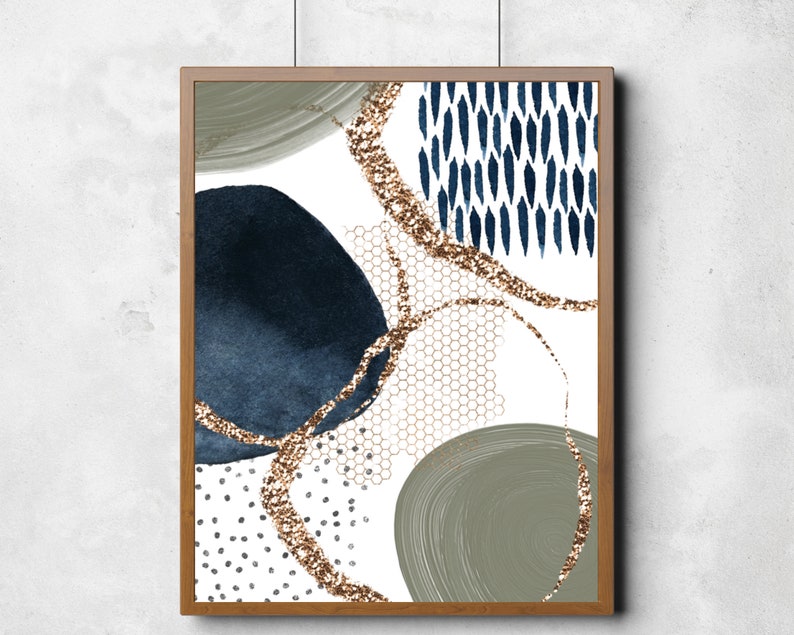 Abstract Wall Art, Navy and Sage Green Abstract Print Set of 3 ...