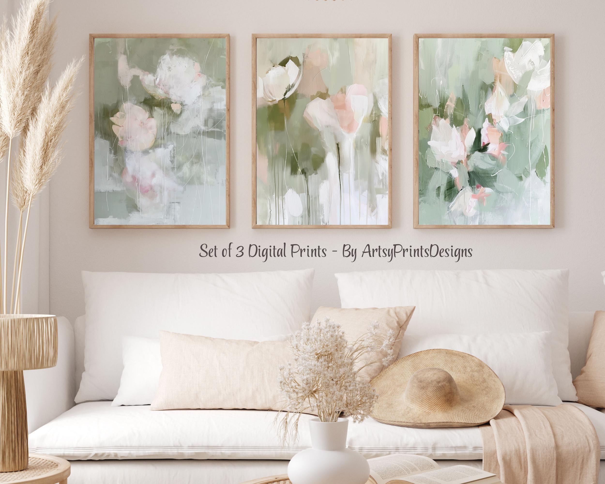 Blush Pink Floral Abstract Wall Art Print, Sage Green Botanical ...