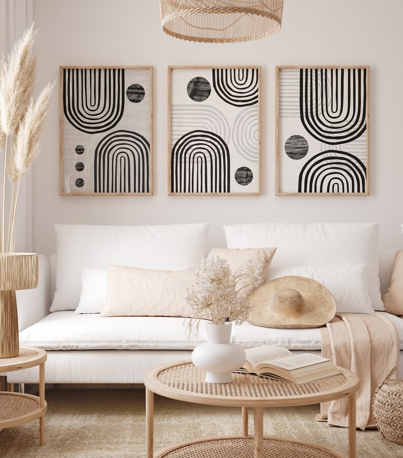 Black Boho Prints, Modern Nordic Boho Print Set of 3, Minimalist Living Room Wall Decor, Black and Grey Bohemian Art Shapes Hallway Print image 4