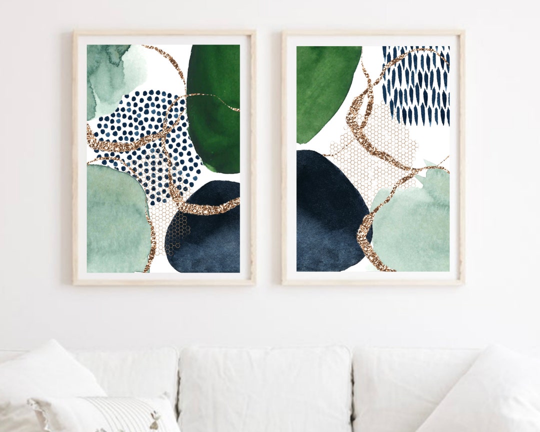 Abstract Wall Art, Green and Navy Abstract Print Set of 2, Watercolour ...