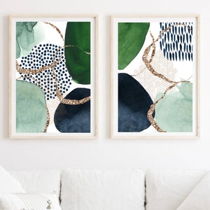 Arte abstrata de parede, conjunto de 2 estampas abstratas verde e marinho, formas de aquarela arte de parede imprimível, decoração de parede de sala de estar, impressão de corredor