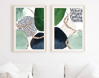 Abstract Wall Art, Green and Navy Abstract Print Set of 2, Watercolour Shapes Printable Wall Art, Living Room Wall Decor, Hallway Print