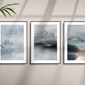 Set of 3 Abstract Landscape Prints, Watercolour Abstract Printable Wall Art, Minimalist Living Room Wall Decor, Misty Mountain Hallway Print