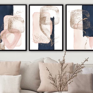 Abstract Wall Art, Navy Pink Gold Watercolour Shapes Printable Wall Art, Rose Pink and Blue Set of 3 Prints, Hallway Print Set, Living Room