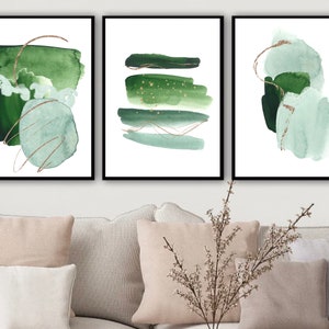 Green Abstract Prints, Watercolor Shapes Printable Wall Art Set of 3, Green Modern Minimalist Artwork, Hallway Print, Living Room Decor