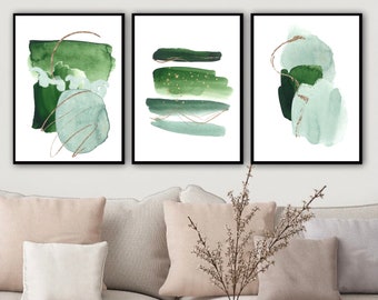 Green Abstract Prints, Watercolor Shapes Printable Wall Art Set of 3, Green Modern Minimalist Artwork, Hallway Print, Living Room Decor