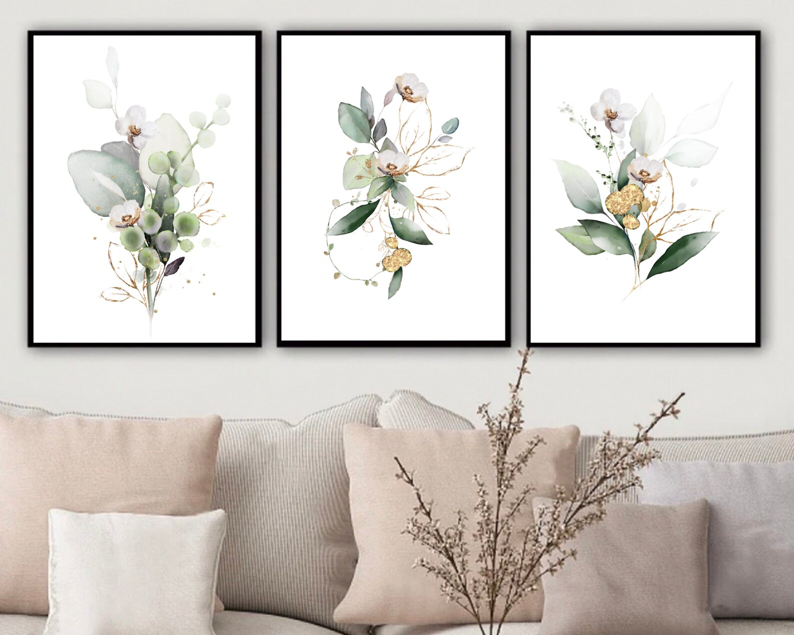 Botanical Prints Set of 3, Botanical Wall Art, Green and Gold ...