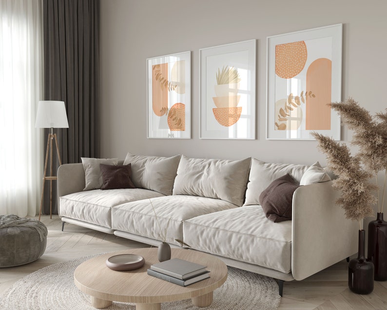 Boho Printable Wall Art, Modern Nordic Peach Set of 3 Prints, Minimalist Living Room Wall Decor, Apricot Peach Art Shapes Hallway Print image 8