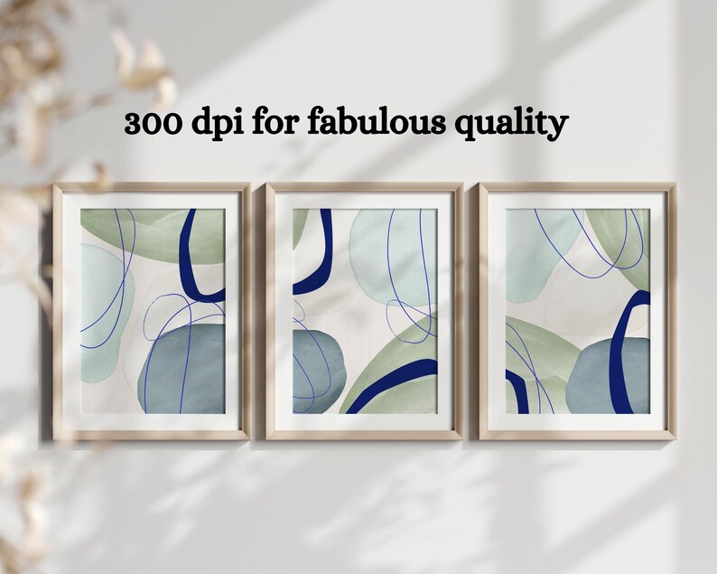 Blue and Green Wall Art Set of 3 Prints Abstract Wall Art Modern Living