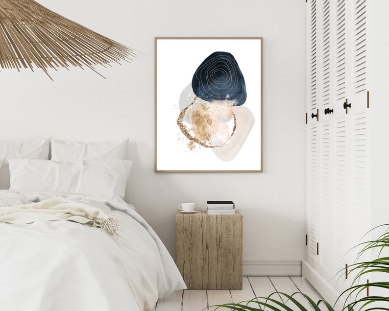 Blue and Grey Abstract Wall Art, Modern Set of 2 Abstract Shapes Living