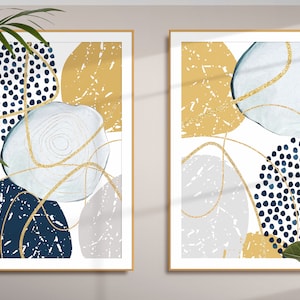 Printable Wall Art, Mustard Blue Gold Abstract Print Set of 2, Modern Geometric Shapes Living Room Wall Decor, Hallway Prints