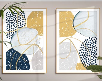 Printable Wall Art, Mustard Blue Gold Abstract Print Set of 2, Modern Geometric Shapes Living Room Wall Decor, Hallway Prints