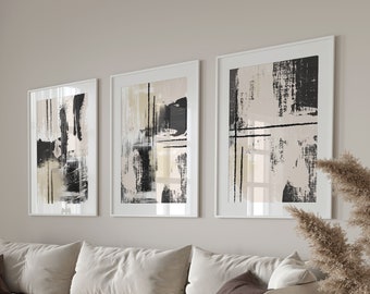Printable Wall Art, Modern Black and White Abstract Set of 3 Prints, Minimalist Living Room Wall Decor, Black and White Hallway Print Set