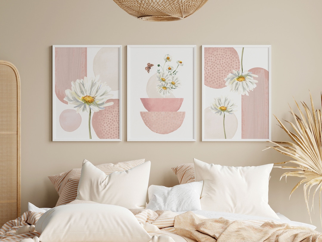 Pink Wall Art, Rose Pink Botanical Set of 3 Prints, Minimalist Nordic ...