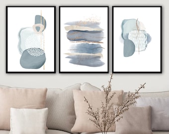 Grey Abstract Wall Art, Watercolor Shapes Printable Wall Art, Grey and Gold Abstract Set of 3 Prints, Hallway Prints, Living Room Wall Decor