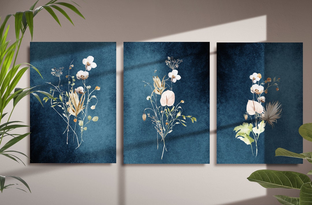 Abstract Wall Art, Blue Botanical Print Set of 3, Navy Blue Floral Wall ...
