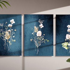Arte mural abstracto, juego de 3 impresiones botánicas azules, arte mural floral azul marino, arte mural imprimible para sala de estar, impresión para pasillo