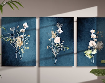 Arte mural abstracto, juego de 3 impresiones botánicas azules, arte mural floral azul marino, arte mural imprimible para sala de estar, impresión para pasillo