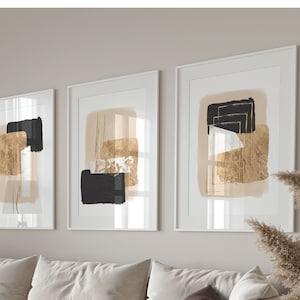 Abstract Wall Art, Black Gold Tan Textured Shapes Printable Wall Art Set of 3, Geometric Hallway Print, Living Room Wall Decor