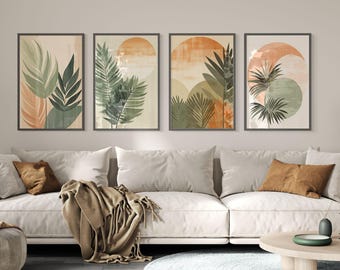 Boho Print Set of 4, Terracotta Sage Green Botanical Printable Wall Art, Modern Living Room Wall Decor, Bedroom Poster, Hallway Print