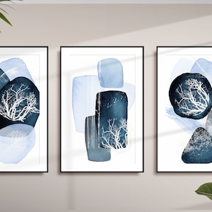 Blue Abstract Wall Art, Navy and White Watercolour Shapes Printable Wall Art Set of 3 Geometric Hallway Print, Living Room Wall Decor