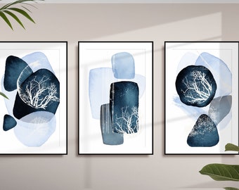 Blaue abstrakte Wandkunst, dunkelblaue und weiße Aquarellformen, druckbare Wandkunst, Geometrischer Flurdruck, Wohnzimmer-Wanddekor