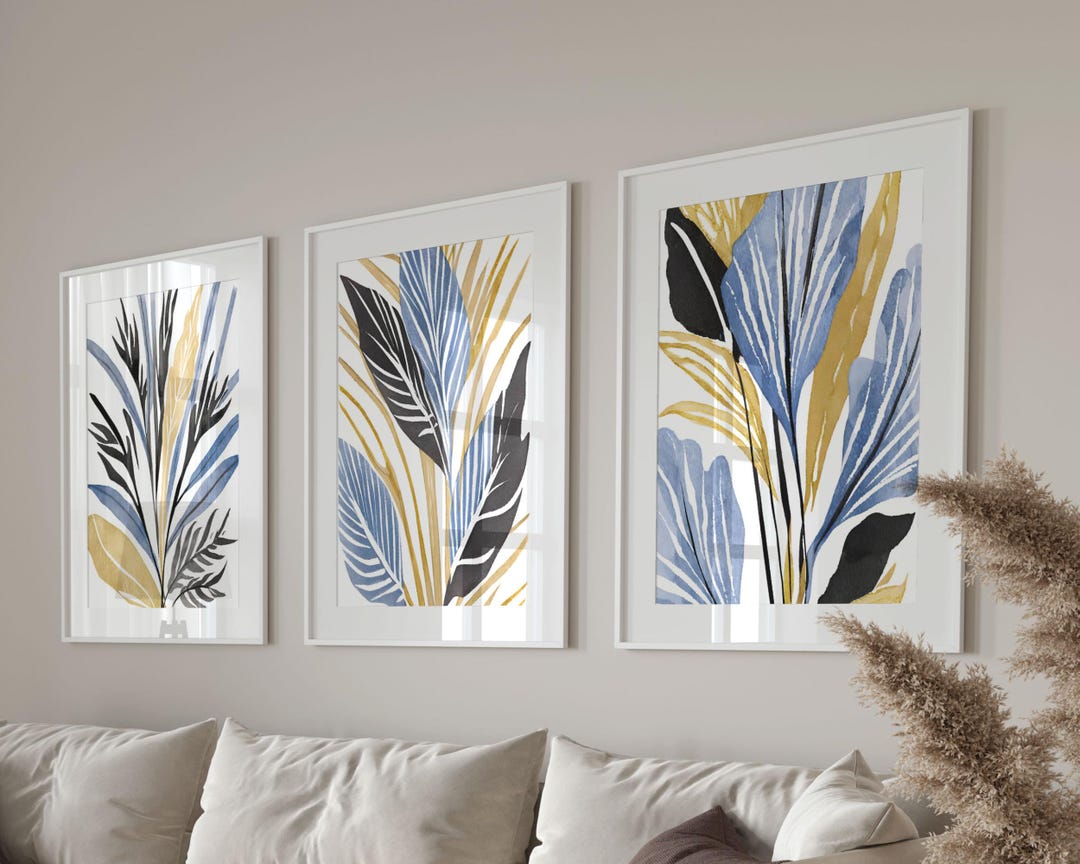 Blue Botanical Prints Set of 3, Abstract Printable Wall Art, Modern ...