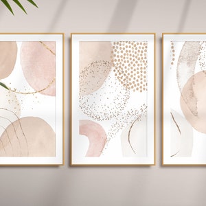Arte de pared abstracto, arte de pared imprimible neutral, rosa rosa y oro conjunto de 3 impresiones, decoración de sala de estar, impresión de pasillo