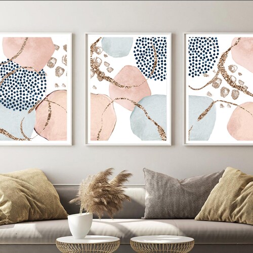 Pink & Navy Blue Triptych Wall Art Set of 3 Prints Digital Etsy
