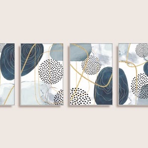 Abstracte muurkunst, aquarelvormen afdrukbare muurkunst, marinegrijs goud set van 4 prints, geometrische printset