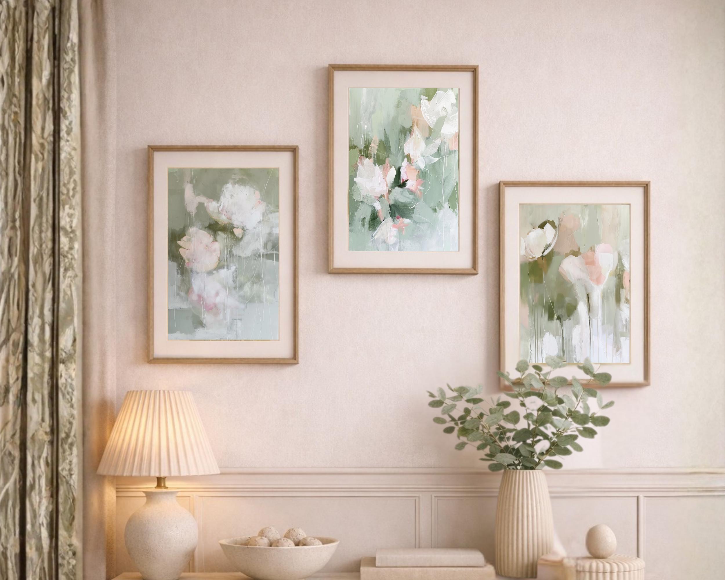 Blush Pink Floral Abstract Wall Art Print, Sage Green Botanical ...