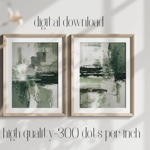 May include: Two framed abstract art prints with a green and white color scheme. The prints are in wooden frames and are hanging on a white wall. The text "digital download" and "high quality - 300 dots per inch" is below the prints.