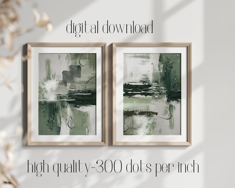 May include: Two framed abstract art prints with a green and white color scheme. The prints are in wooden frames and are hanging on a white wall. The text "digital download" and "high quality - 300 dots per inch" is below the prints.
