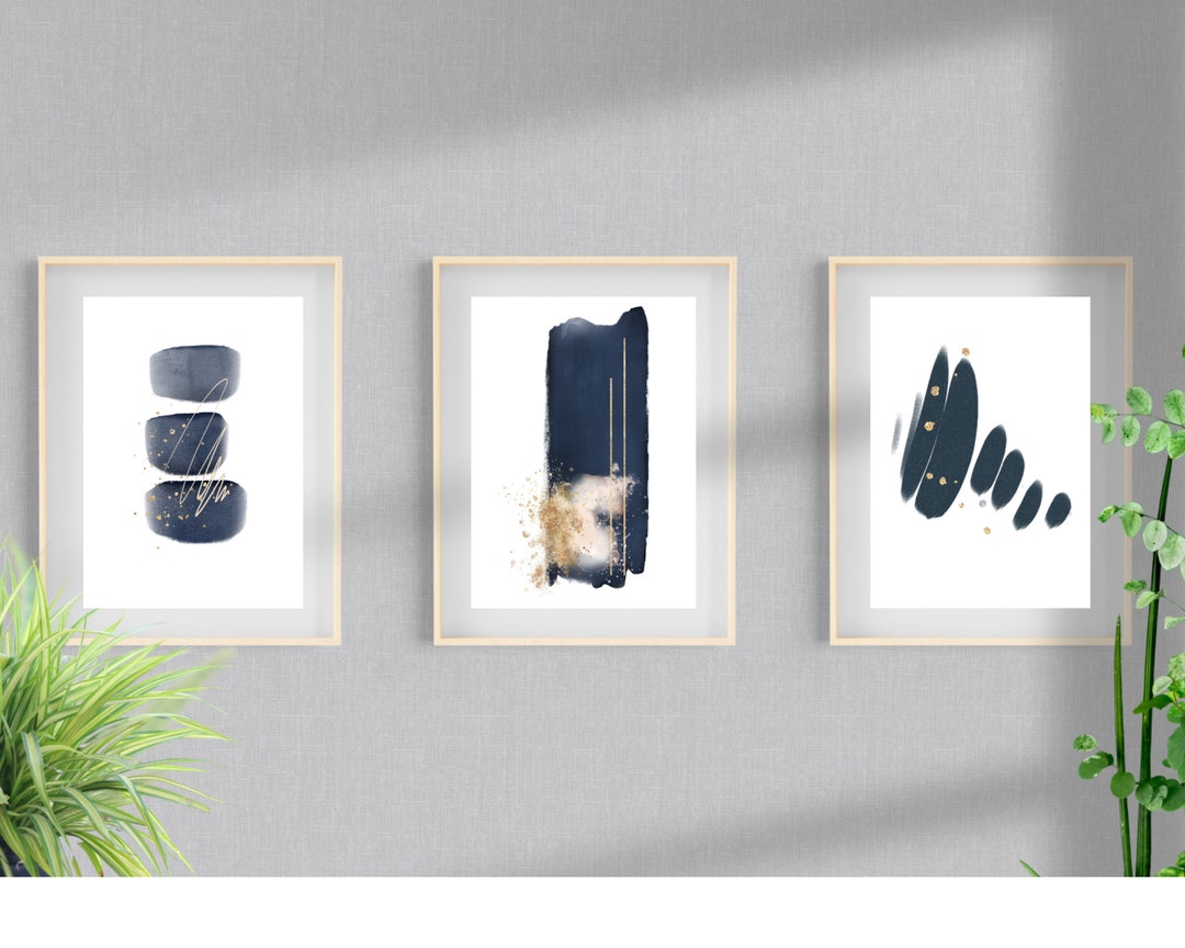 Blue and Gold Abstract Wall Art Print Set of 3, Navy Abstract Minimal ...